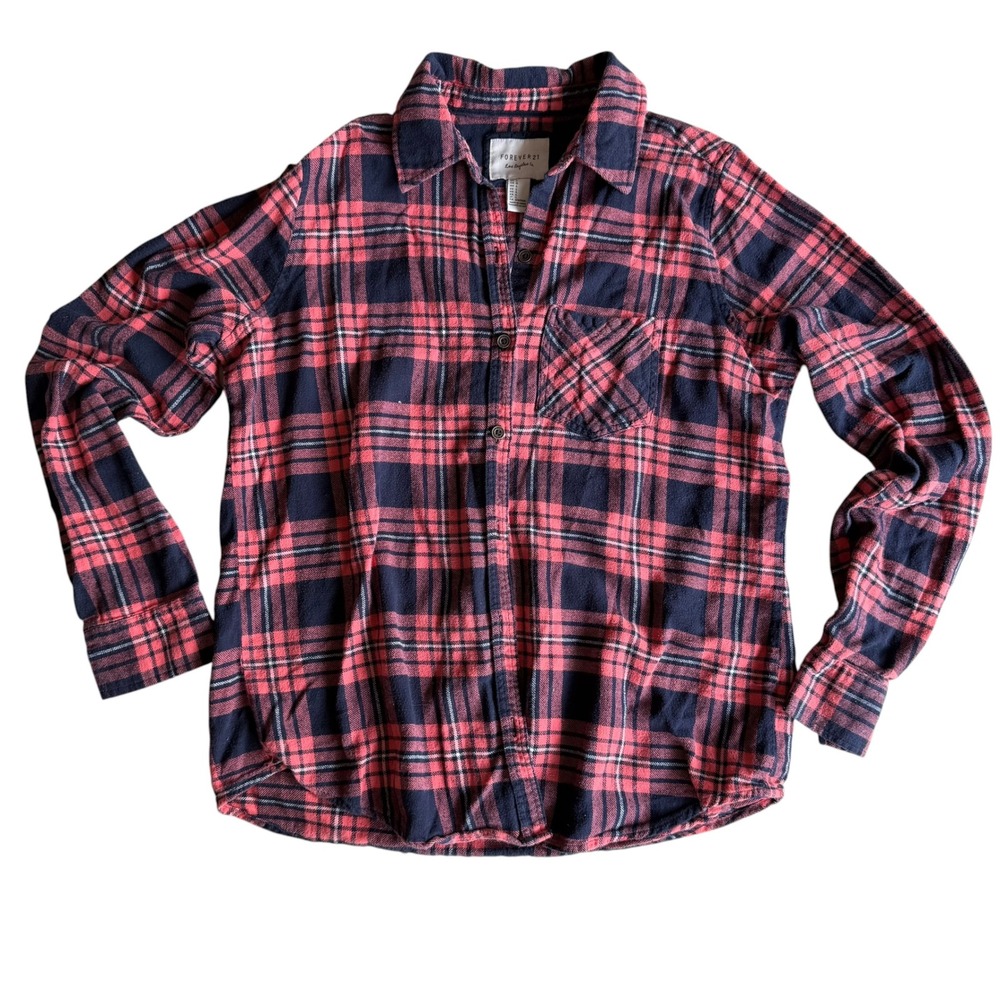 Forever 21 Plaid Flannel Button Down Red Navy Blue Grunge Indie Cabincore Sz L